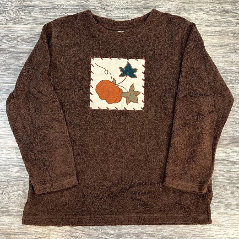 VTG 90s Crewneck Granny Fleece Quilted Patched Fall Harvest Brown Sweater Size S